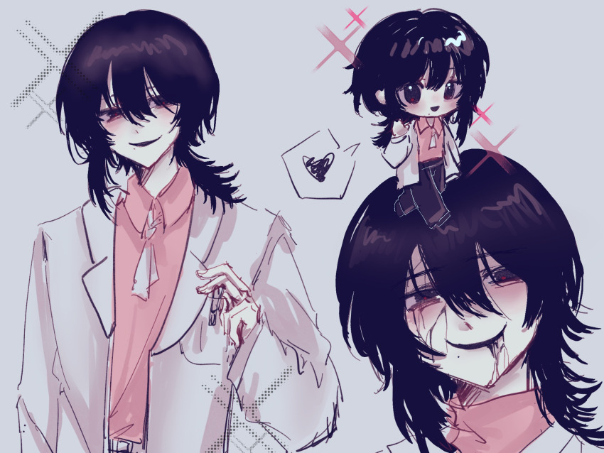 1boy, alternate_eye_color, black_eyes, black_hair, black_necktie, black_pants, chibi, chinese_commentary