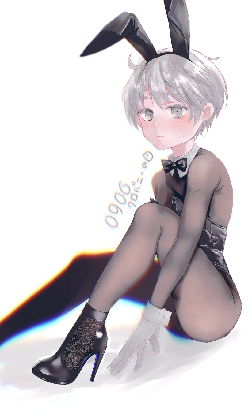 1boy, alternate_costume, animal_ears, ankle_boots, bare_shoulders, black_leotard, blush, boots
