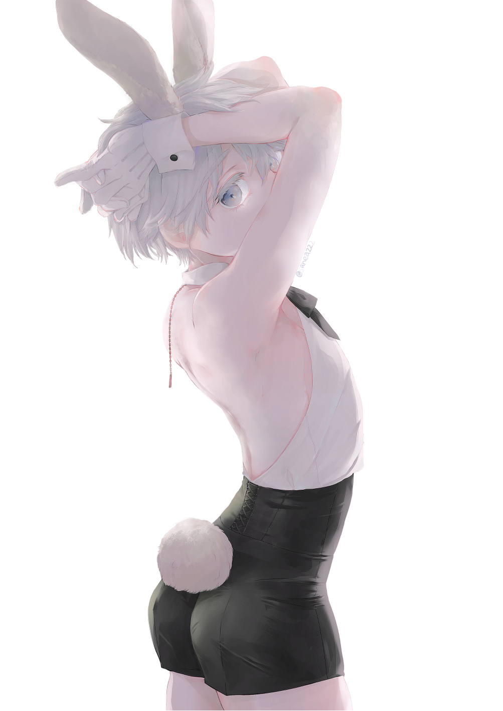 1boy, alternate_costume, animal_ears, arms_behind_head, arms_up, ass, backless_outfit, bare_shoulders