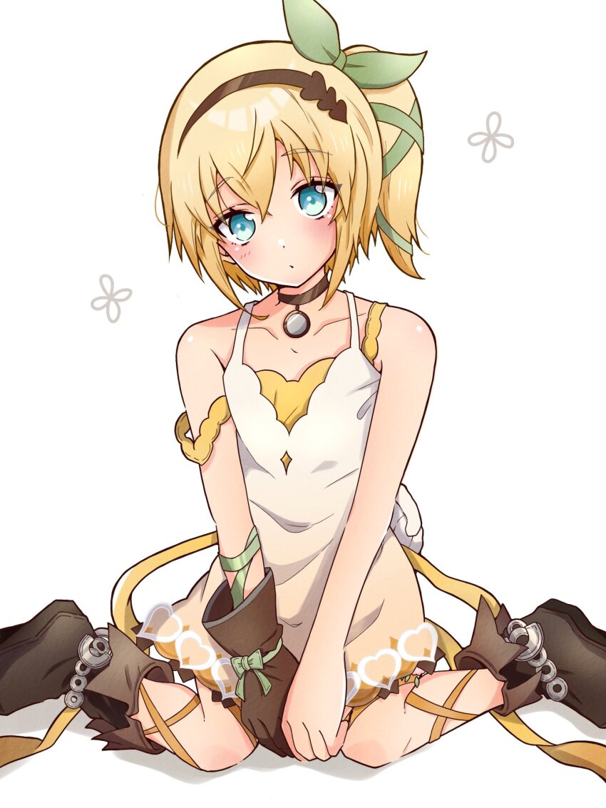 1girl, blue_eyes, blush, boots, brown_boots, brown_gloves, brown_hairband, commentary_request