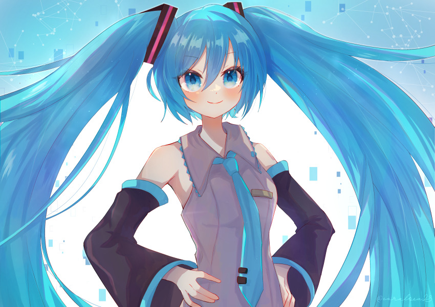 1girl, absurdres, blue_eyes, blue_hair, collared_shirt, detached_sleeves, hair_ornament, hands_on_own_hips