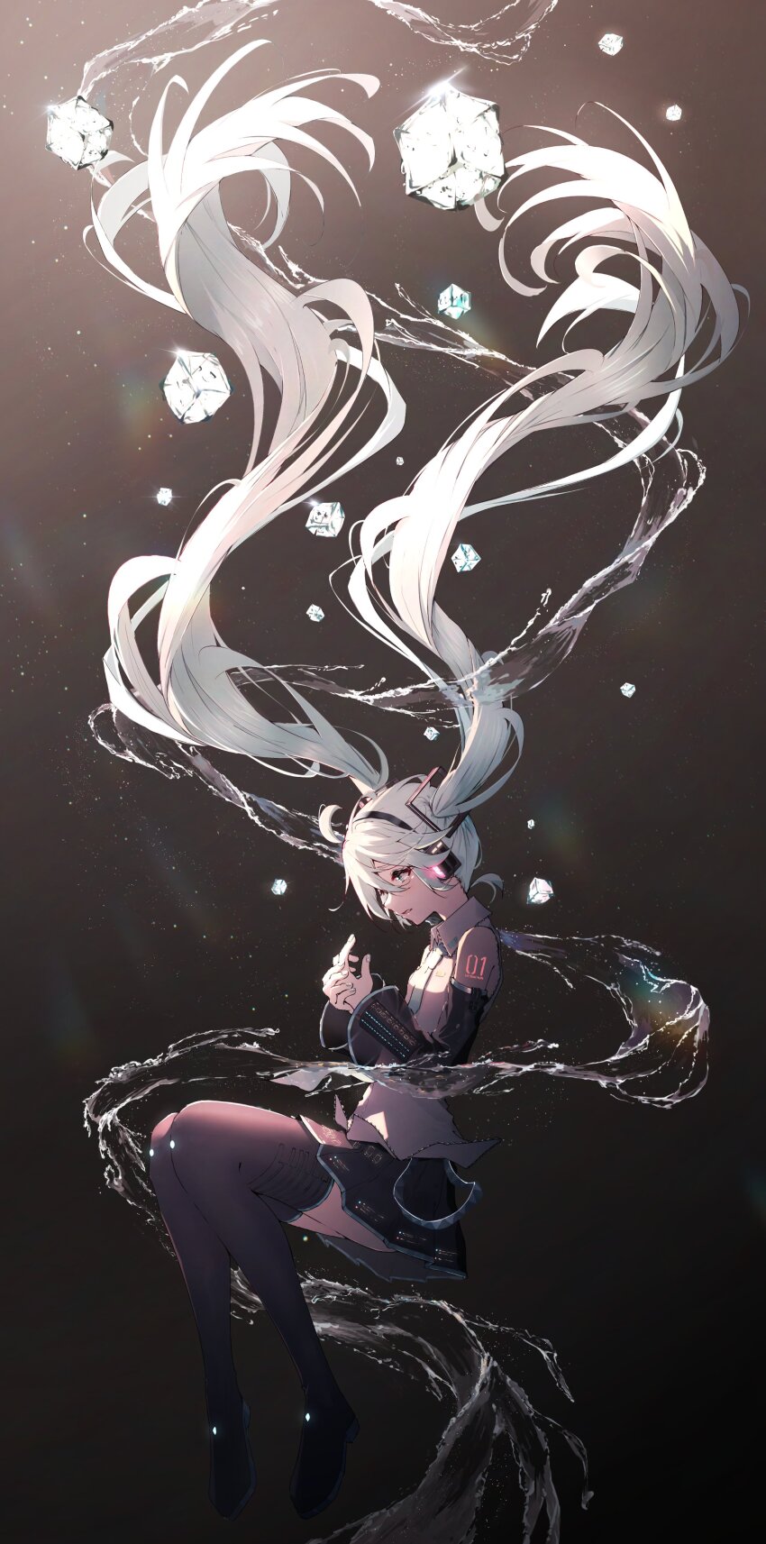 1girl, absurdres, aqua_eyes, aqua_hair, black_footwear, black_skirt, black_sleeves, boots