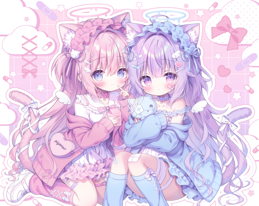 2girls, ahoge, animal_ear_fluff, animal_ears, aqua_cardigan, aqua_choker, aqua_eyes, aqua_halo, aqua_leg_warmers, aqua_ribbon, bag, bandaid, bandaid_hair_ornament, bandaid_on_face, bandaid_on_leg, bandaid_print, blush, border, bow, bow_print, bowtie, cardigan, cat_ears, cat_girl, cat_hair_ornament, cat_tail, choker, closed_mouth, cloud_print, drink, drink_carton, drinking_straw, finger_to_mouth, frilled_choker, frilled_sailor_collar, frilled_shirt, frilled_shirt_collar, frills, hair_between_eyes, hair_ornament, halo, heart, heart-shaped_bag, heart_hair_ornament, heart_necklace, heart_print, holding, holding_drink, hugging_doll, hugging_object, jewelry, kamishiro_piyo, kneeling, leg_belt, leg_warmers, long_sleeves, maid_headdress, milk_carton, multiple_girls, necklace, open_cardigan, open_clothes, original, pill_print, pink_background, pink_bow, pink_bowtie, pink_cardigan, pink_choker, pink_hair, pink_halo, pink_leg_warmers, pink_ribbon, purple_eyes, purple_hair, ribbon, sailor_collar, shirt, shoes, shoulder_bag, sidelocks, sitting, smile, sneakers, sparkle_hair_ornament, star_(symbol), star_print, stuffed_animal, stuffed_cat, stuffed_toy, tail, tail_bow, tail_ornament, white_border, white_bow, white_footwear, white_sailor_collar, white_shirt, white_shoes, white_wings, wing_hair_ornament, wings, x_hair_ornament, yami_kawaii, yume_kawaii