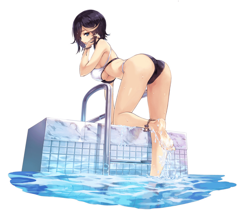 1girl, artemis_(phantom_of_the_kill), ass, barefoot, bikini, black_hair, blue_eyes, closed_mouth