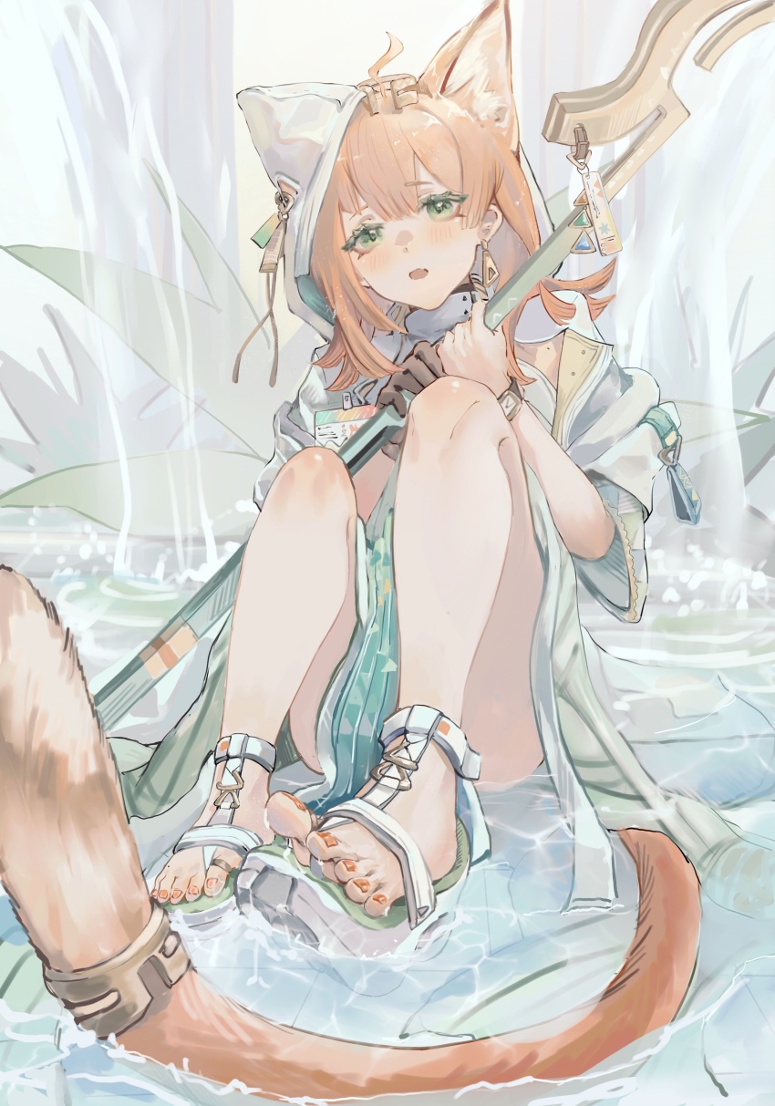 1girl, absurdres, animal_ears, arknights, blush, brown_gloves, chinese_commentary, commentary, dress, eyes_visible_through_hair, full_body, gloves, green_dress, green_eyes, highres, holding, knees_up, looking_at_viewer, masaru_lu, medium_hair, nail_polish, no_socks, open_mouth, orange_hair, orange_nails, orange_tail, papyrus_(arknights), sandals, short_sleeves, single_glove, sitting, solo, tail, toenail_polish, toenails, toes, water, white_dress, white_sandals