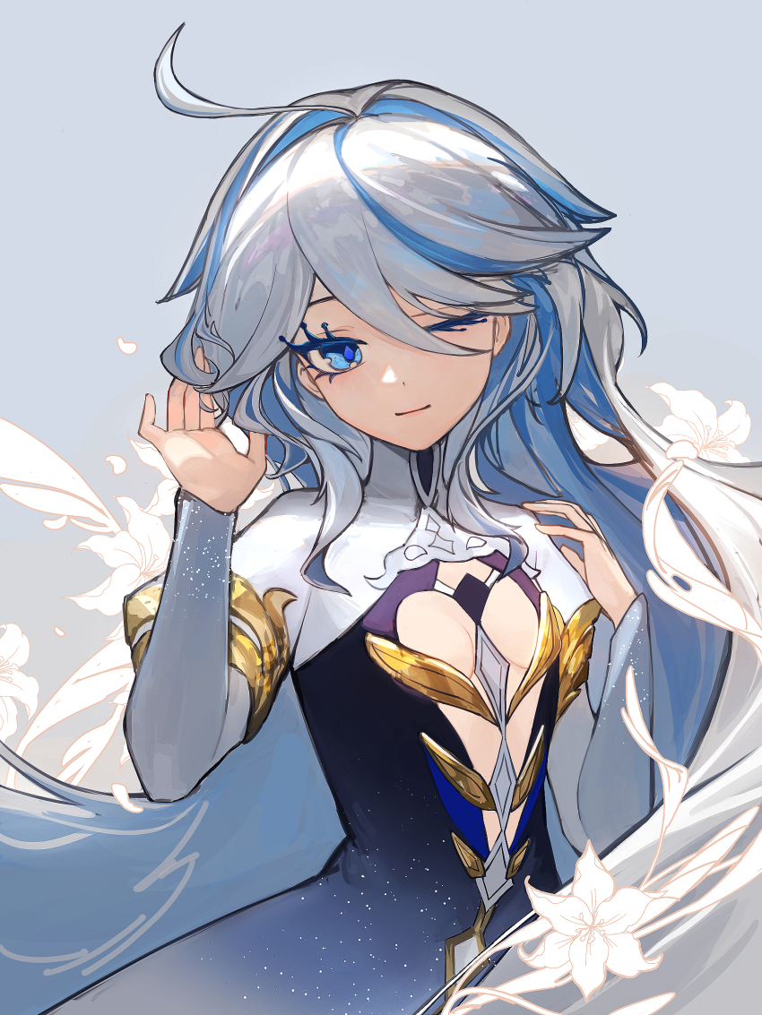 1girl, absurdres, ahoge, black_dress, blue_dress, blue_hair, breasts, closed_mouth