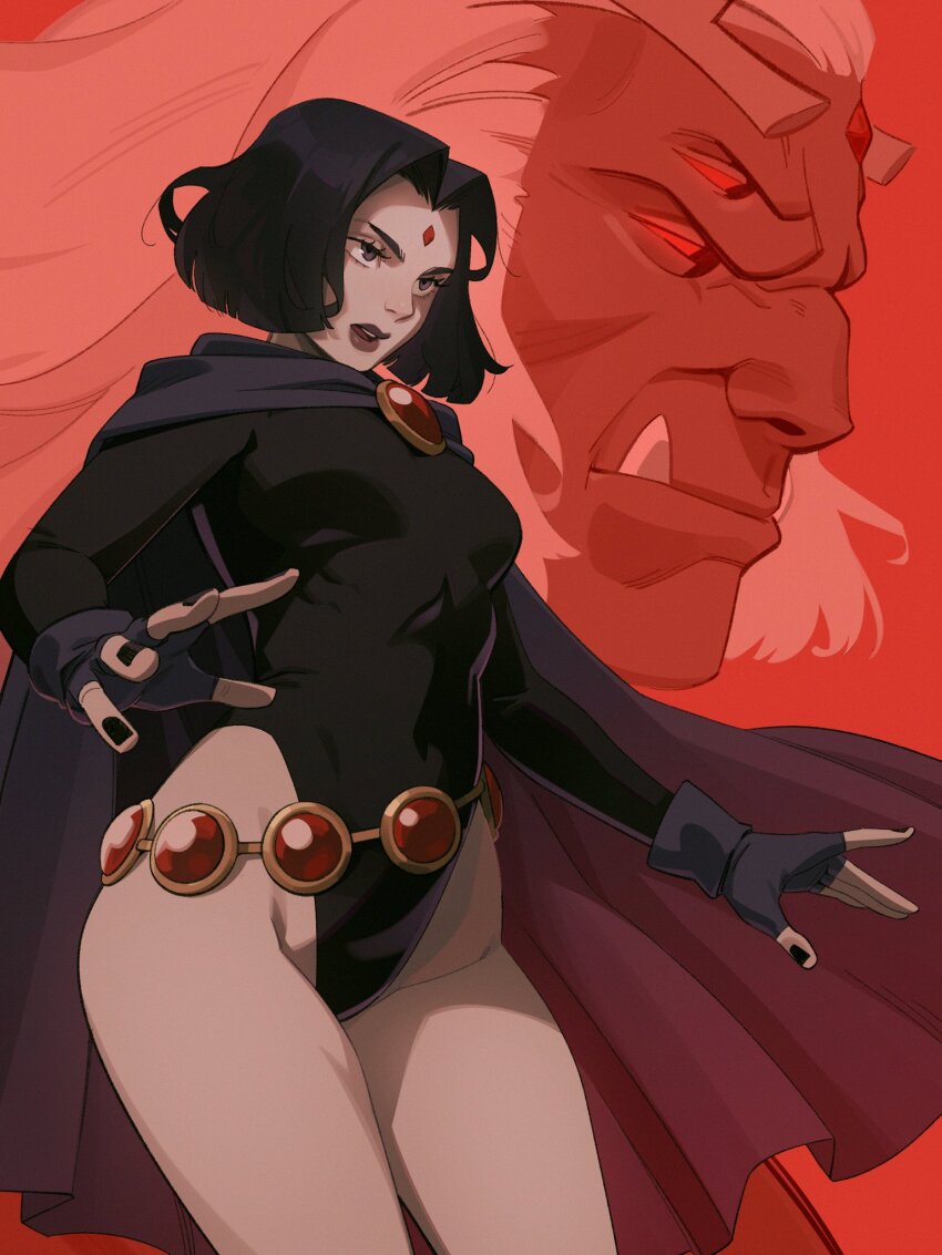 1girl, animification, bare_hips, bare_legs, belt, black_gloves, black_leotard, black_nails, breasts, cloak, colored_skin, dc_comics, fingerless_gloves, forehead_jewel, gloves, grey_skin, highres, leotard, medium_breasts, nail_polish, purple_cloak, purple_hair, purple_lips, raven_(dc), sleeved_leotard, solo, superhero_costume, teen_titans, trigon, uhohsplooge