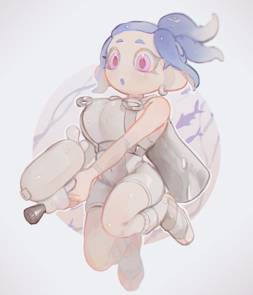 1girl, agent_8_(splatoon), agent_8_(splatoon)_(cosplay), animal, blue_hair, blush, bodysuit, boots