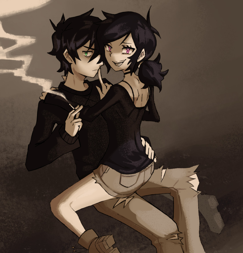 1boy, 1girl, 22z3r0, andrew_graves, ashley_graves, ass, black_hair, brother_and_sister, cigarette, facing_viewer, finger_to_mouth, from_behind, green_eyes, holding, holding_cigarette, low_ponytail, pink_eyes, ponytail, shoulder_blades, siblings, simple_background, sitting, sitting_on_lap, sitting_on_person, the_coffin_of_andy_and_leyley, thighs