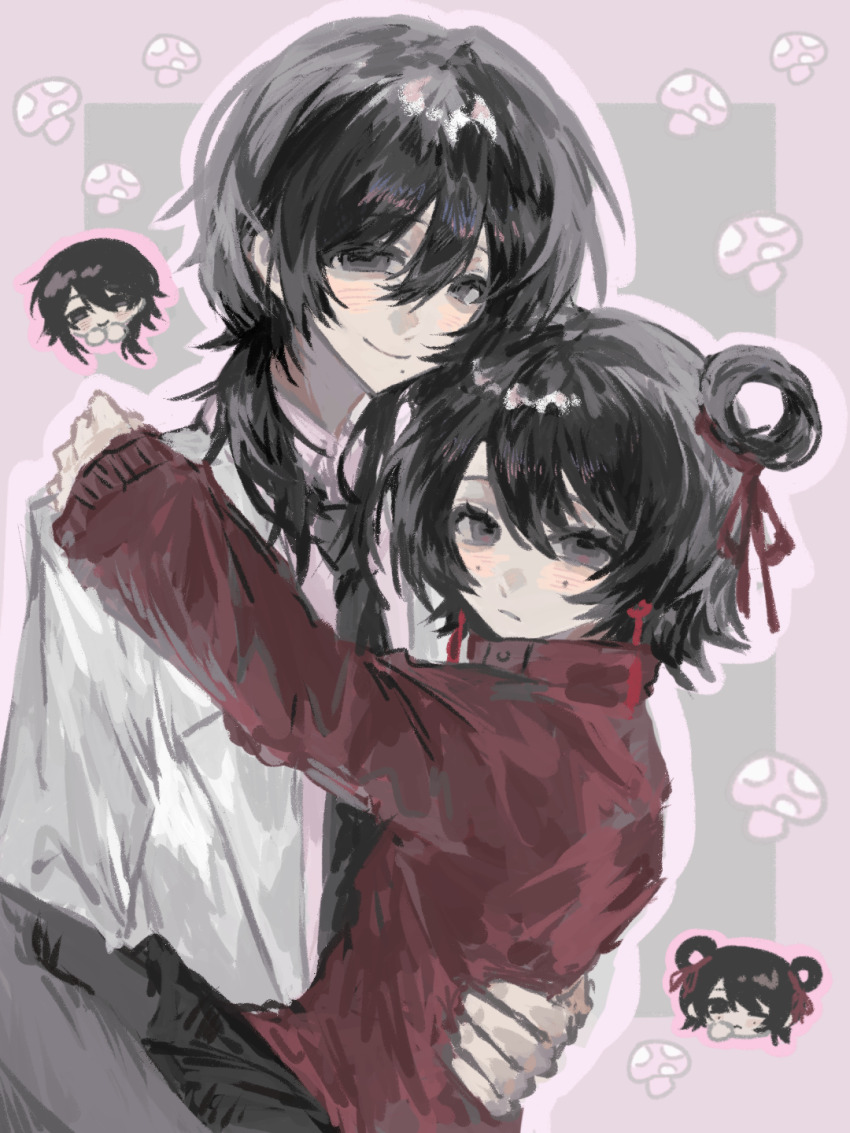 1boy, 1girl, black_eyes, black_hair, black_necktie, black_skirt, carrying, carrying_person