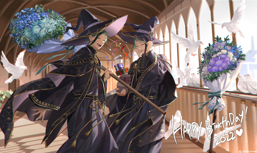 2boys, absurdres, animal, arch, bird, black_robe, blue_hair, bouquet, brothers, dated, dove, facing_viewer, flower, floyd_leech, gomchichimoe, happy_birthday, hat, highres, indoors, jade_leech, male_focus, multiple_boys, robe, sharp_teeth, short_hair, siblings, teeth, twins, twisted_wonderland, wizard, wizard_hat