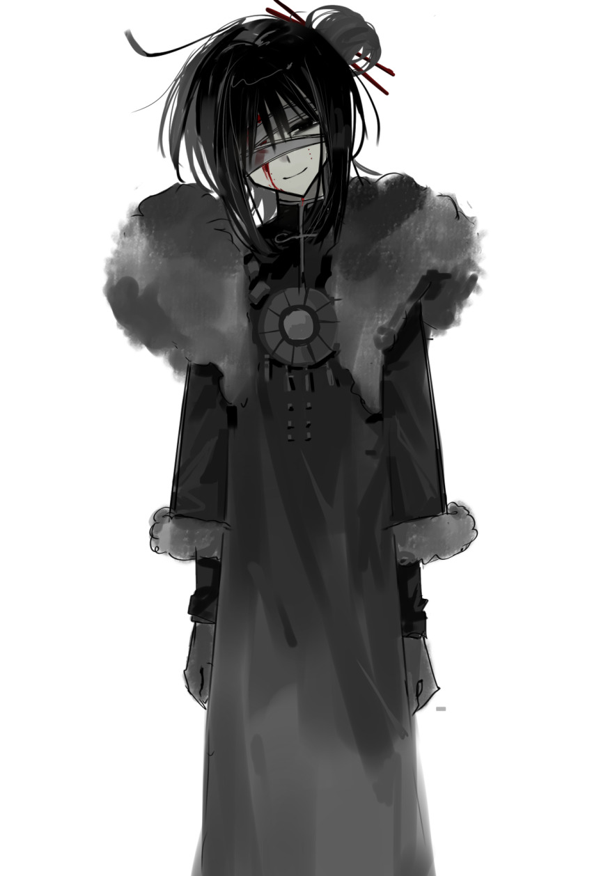 1girl, bandage_over_one_eye, black_coat, black_eyes, black_gloves, black_hair, black_shirt, blood