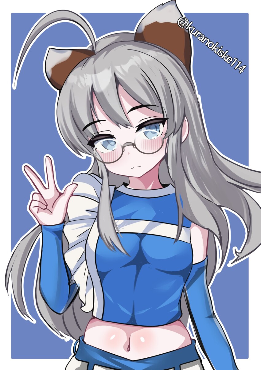 1girl, ahoge, alternate_costume, animal_ears, blue_background, blue_eyes, blue_shirt, cheerleader, detached_sleeves, fake_animal_ears, fox_ears, glasses, grey_hair, heywood_l._edwards_(cheerleader)_(kancolle), heywood_l._edwards_(kancolle), highres, hokkaido_nippon-ham_fighters, kantai_collection, kurano_kisuke, long_hair, midriff, navel, nippon_professional_baseball, shirt, sleeveless, sleeveless_shirt, smile, solo, twitter_username, two-tone_background, v