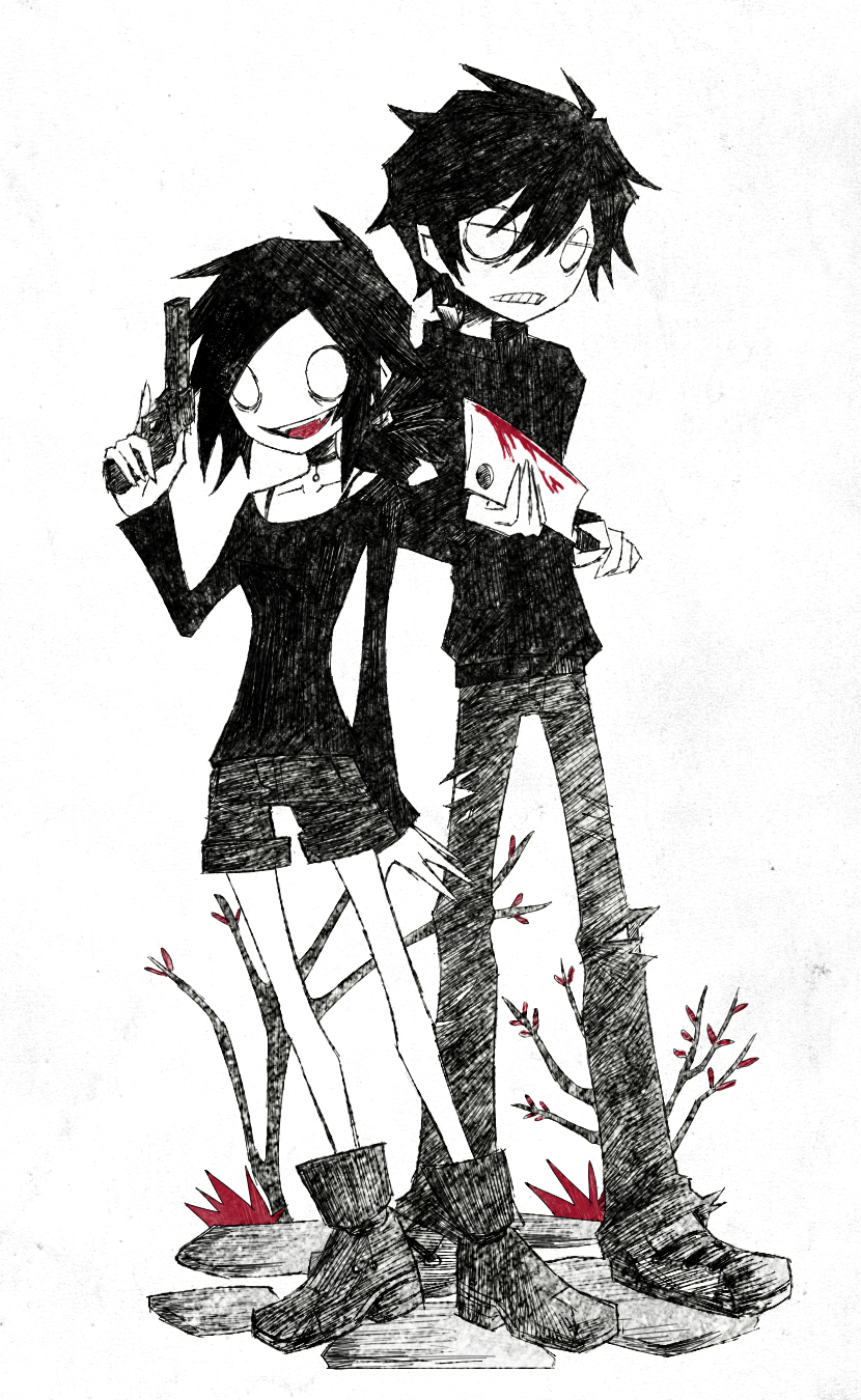 1boy, 1girl, 2000s_(style), 22z3r0, andrew_graves, ashley_graves, black_hair, blood