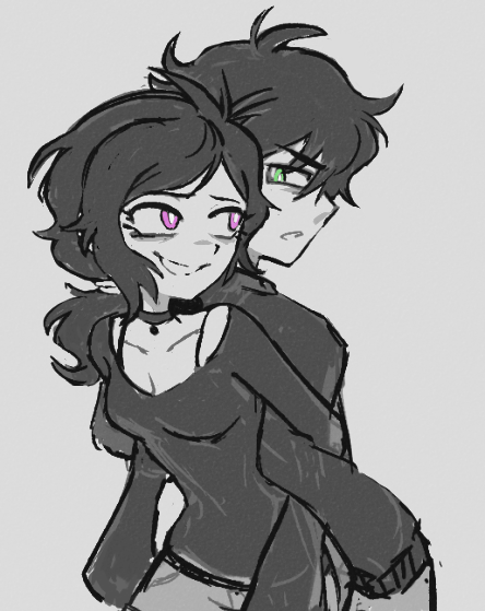 1boy, 1girl, 22z3r0, andrew_graves, ashley_graves, back-to-back, black_choker, black_shirt