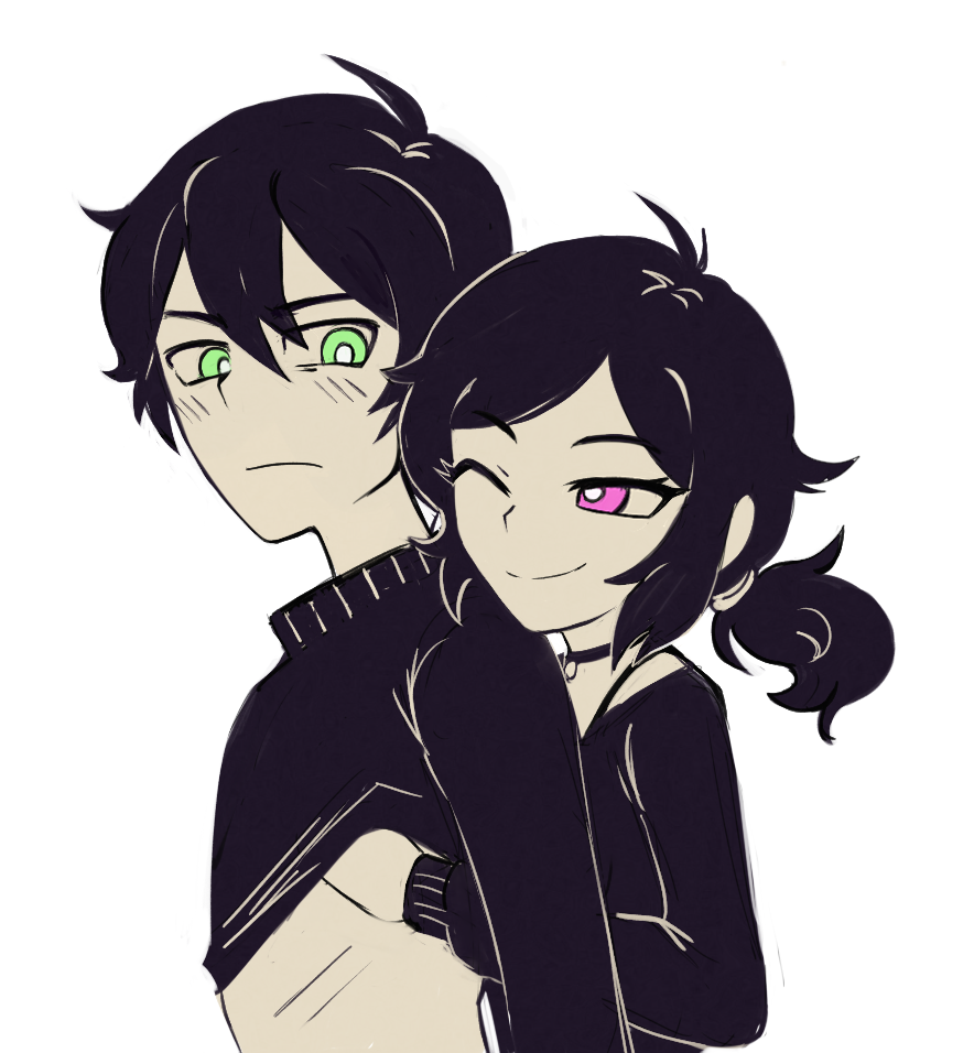 1boy, 1girl, 22z3r0, andrew_graves, ashley_graves, black_hair, blush, brother_and_sister, clothes_lift, front-to-back, green_eyes, hand_on_another's_chest, hetero, lifting_another's_clothes, looking_back, low_ponytail, one_eye_closed, pink_eyes, ponytail, ribs, shirt, shirt_lift, siblings, the_coffin_of_andy_and_leyley, upper_body, white_background