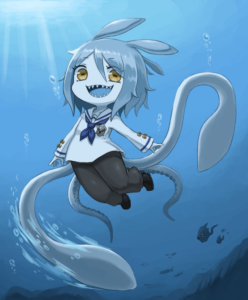 1girl, animal_ears, badge, black_footwear, blue_hair, derurago, fish, highres