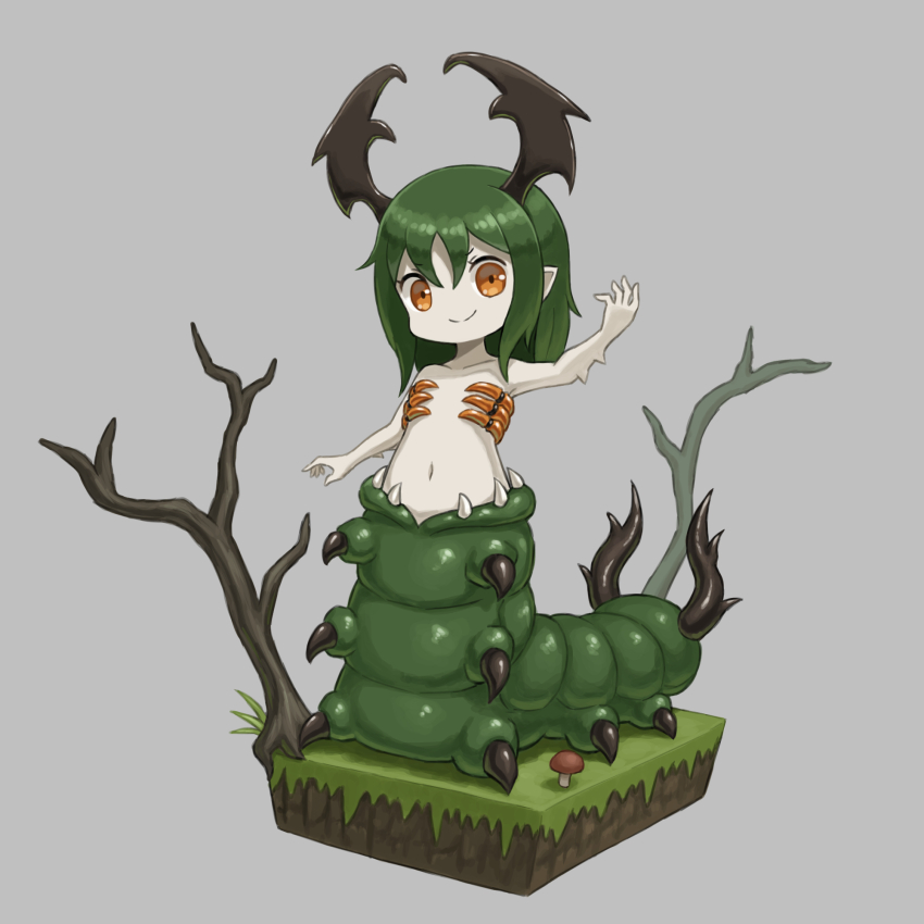 1girl, bare_tree, derurago, faux_figurine, flat_chest, grass, green_hair, highres