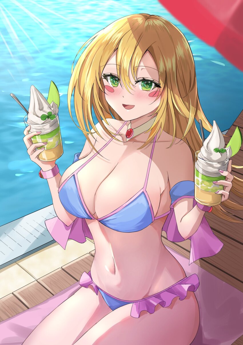1girl, adapted_costume, bikini, blonde_hair, blue_bikini, breasts, chair, cleavage