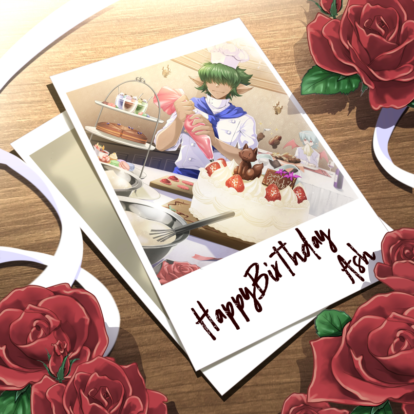 3boys, ash_(pop'n_music), baking, bat_(animal), bemani, blueberry, brown_gloves, cake