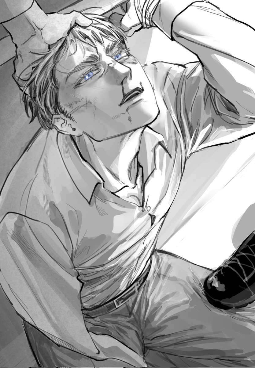 1boy, amputee, arm_up, armless_amputee, belt, belt_buckle, black_footwear, blood