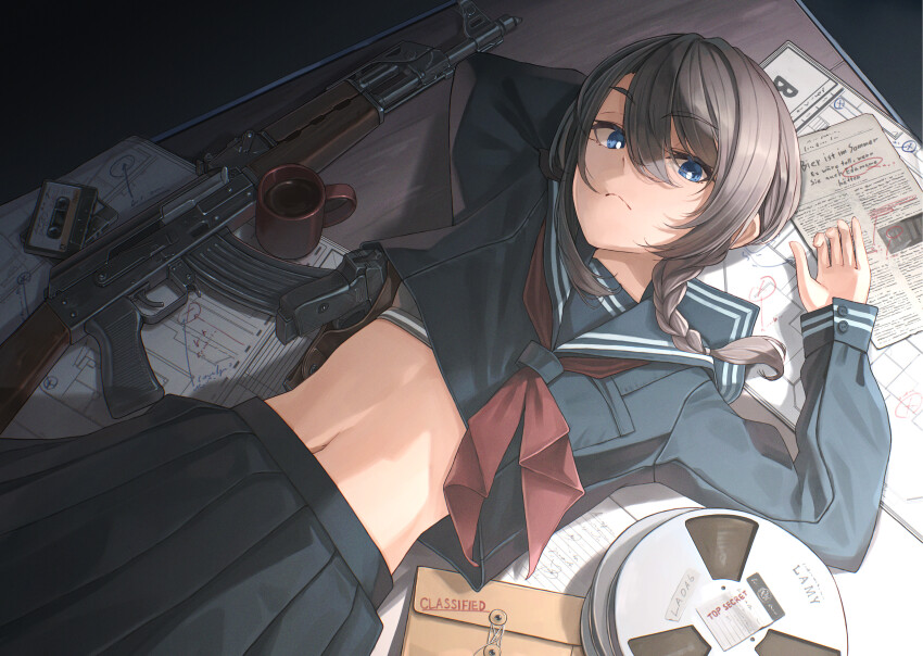 1girl, absurdres, assault_rifle, black_skirt, blue_sailor_collar, blue_shirt, blueprint_(object), bra