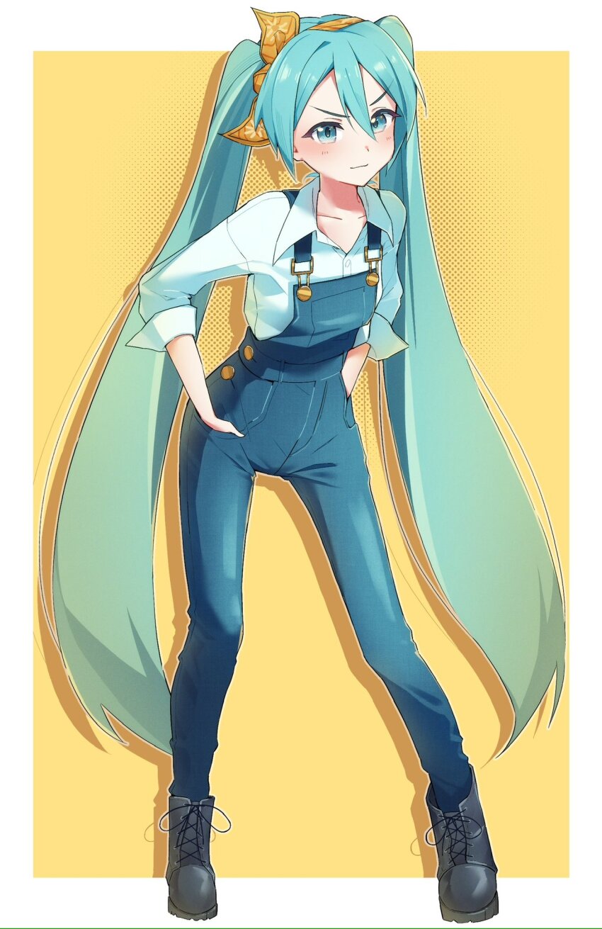 1girl, alternate_costume, aqua_eyes, aqua_hair, black_boots, blue_overalls, boots, border