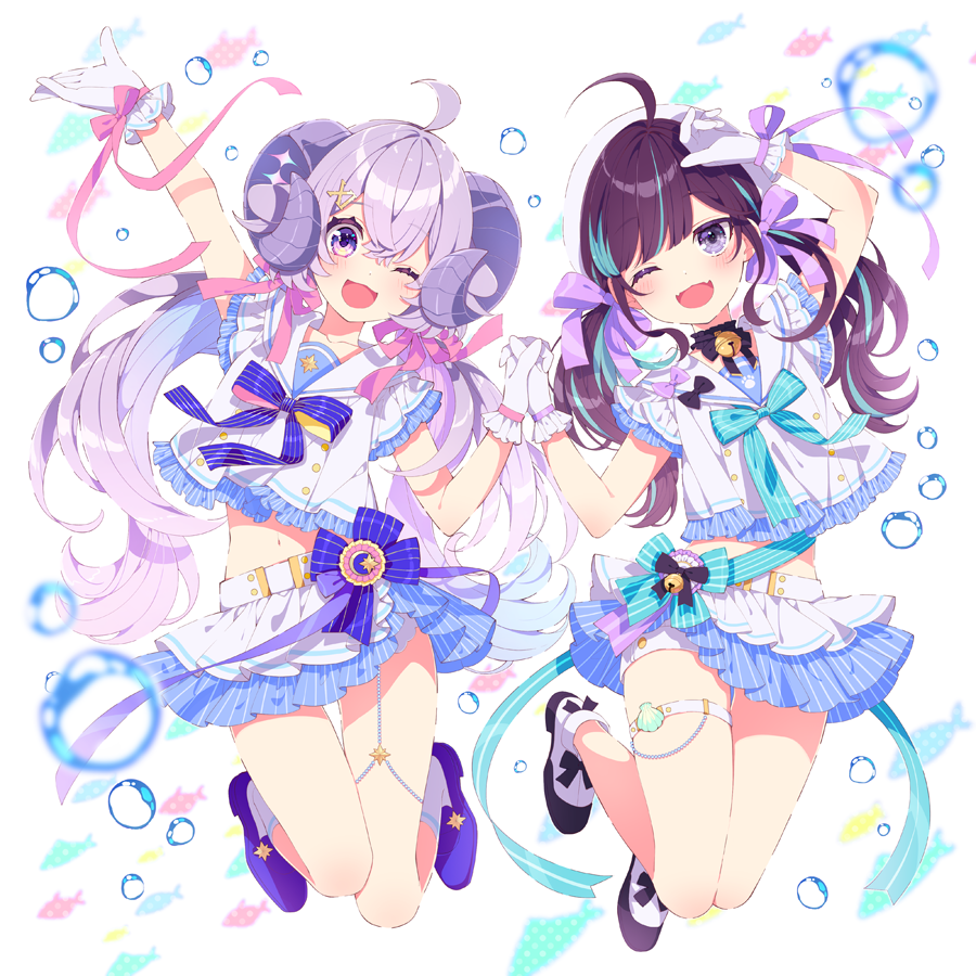 2girls, ;3, ahoge, aqua_hair, aqua_ribbon, bell, blue_footwear, blush