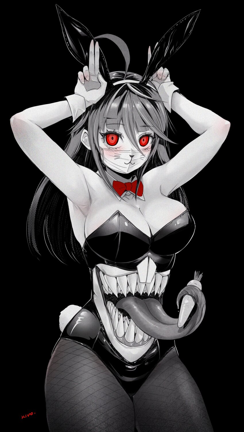 1girl, absurdres, ahoge, animal_ears, armpits, arms_up, bare_shoulders, black_hair