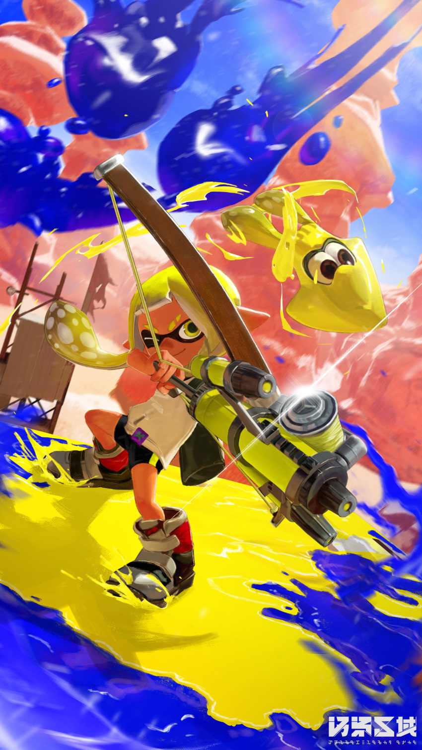 1girl, absurdres, aiming, arm_up, asymmetrical_hair, bike_shorts, blue_sky, blunt_bangs