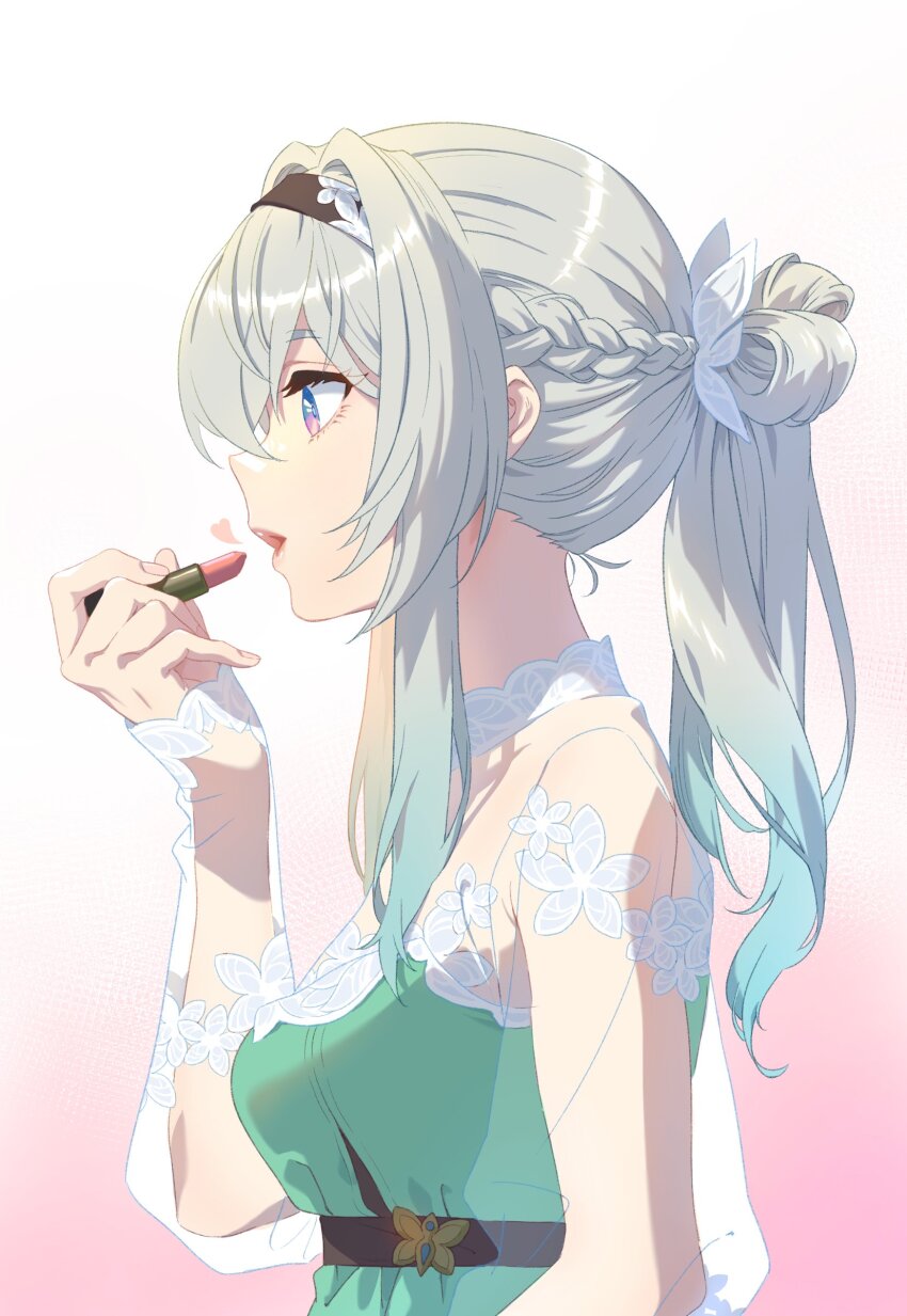 1girl, absurdres, alternate_costume, amenoki, applying_lipstick, applying_makeup, applying_own_makeup, braid