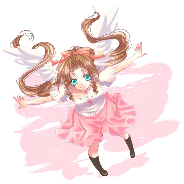 1990s_(style), 1girl, aerith_gainsborough, boots, brown_hair, choker, female_focus, final_fantasy, final_fantasy_vii, green_eyes, hair_ribbon, long_hair, natsume_you, ny_nekonin, ponytail, retro_artstyle, ribbon, skirt, solo, square_enix, wings