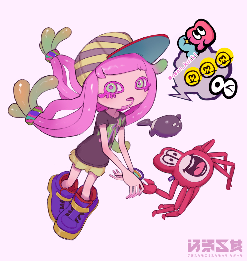 1girl, artist_name, baseball_cap, black_shirt, blue_footwear, blunt_bangs, bracelet, drooling, female_focus, flat_chest, full_body, green_eyes, green_hair, green_skirt, hair_tie, harmony's_clownfish_(splatoon), harmony_(splatoon), hat, highres, jewelry, long_hair, looking_at_viewer, miniskirt, multicolored_eyes, multicolored_hair, nintendo, osen_kuiki, pink_background, pink_eyes, pink_hair, print_shirt, shirt, shoes, short_sleeves, sidelocks, simple_background, skirt, solo_focus, speech_bubble, splatoon_(series), splatoon_3, standing, striped_hat, stuffed_animal, stuffed_crab, stuffed_toy, tentacle_hair, tentacles, twitter_username, two-tone_hair, watermark, yellow_hat