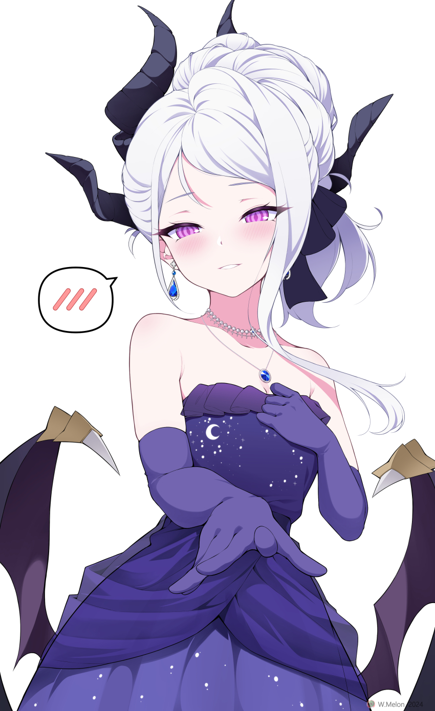 1girl, absurdres, bare_shoulders, blue_archive, blush, breasts, dress, earrings