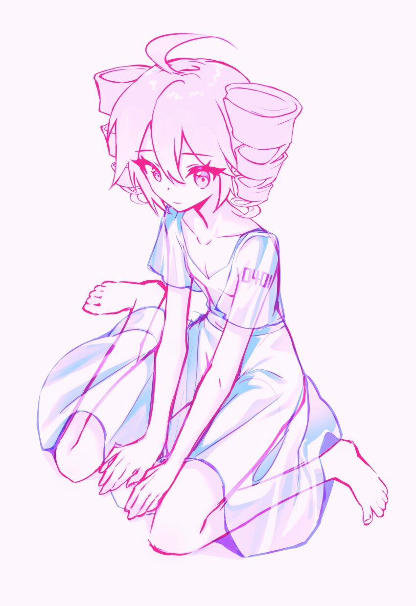 absurdres, ahoge, barefoot, between_legs, collarbone, commentary, dress, drill_hair