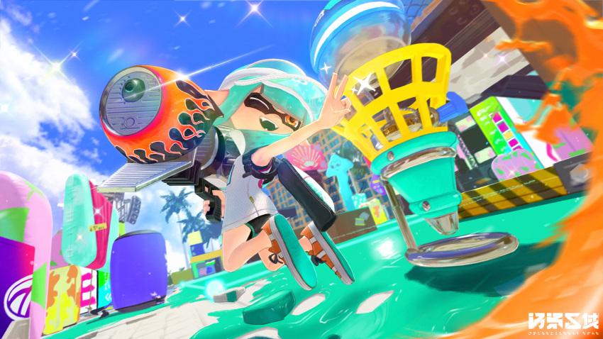 1girl, 3d_background, absurdres, aqua_hair, arm_up, black_shorts, blue_sky, blunt_bangs