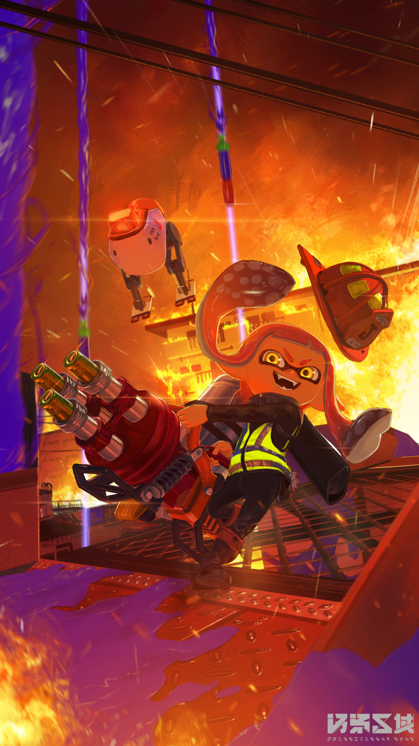 1girl, absurdres, arm_up, autobomb_(splatoon), backlighting, black_boots, black_jacket, black_pants