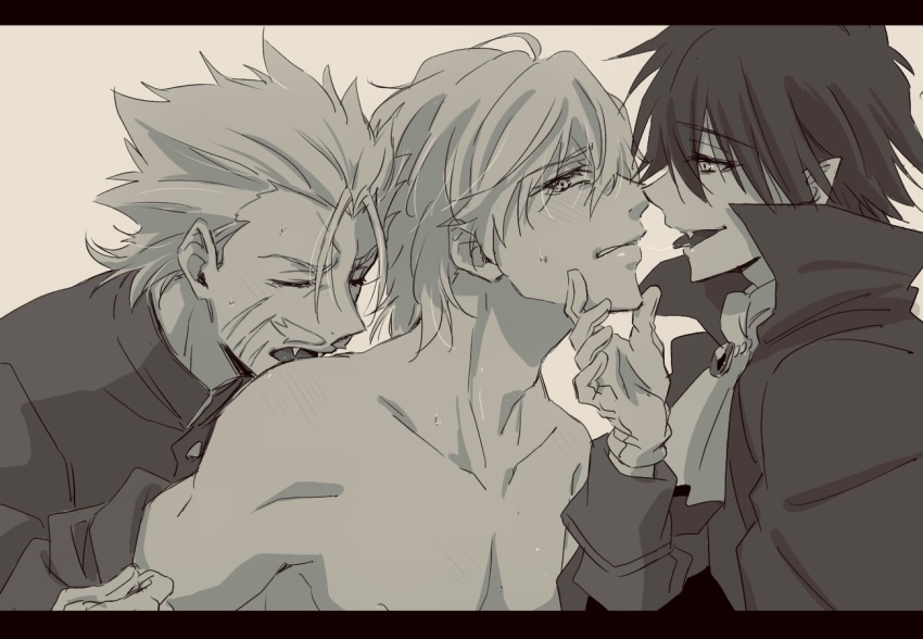 3boys, ascot, bare_shoulders, blush, boy_sandwich, bungou_stray_dogs, cape, closed_eyes, commentary_request, edogawa_ranpo_(bungou_stray_dogs), facial_hair, fangs, fukuchi_ouchi_(bungou_stray_dogs), fukuzawa_yukichi_(bungou_stray_dogs), gloves, hand_on_another's_chin, jacket, letterboxed, long_sleeves, looking_at_another, male_focus, monochrome, multiple_boys, mustache, open_mouth, otogi021, pointy_ears, saliva, saliva_trail, sandwiched, short_hair, sweat, sweatdrop, tongue, topless_male, undressing, upper_body, vampire, yaoi