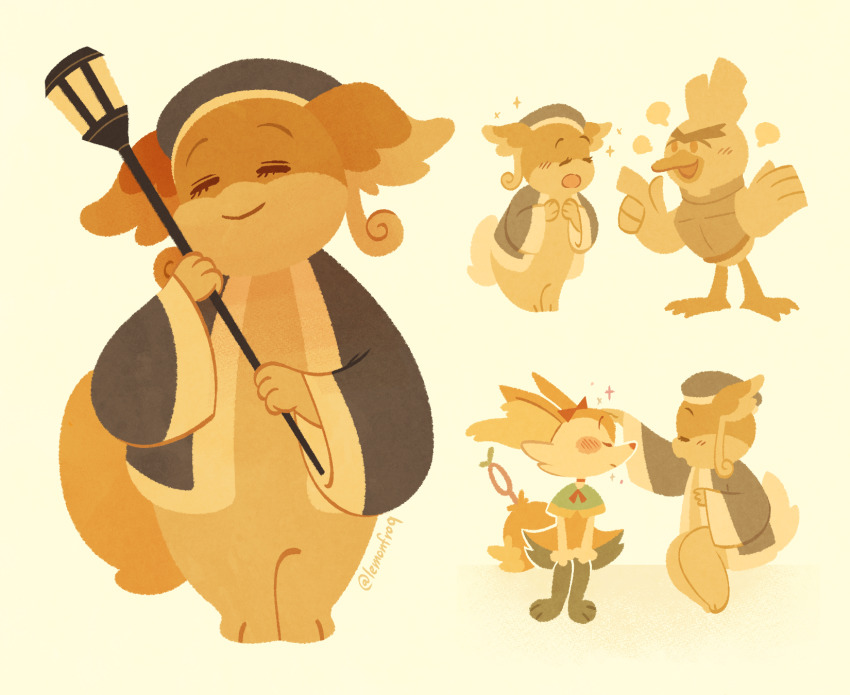 :o, armor, artist_name, audino, bow, braixen, closed_eyes, clothed_pokemon, cosplay, dungeon_meshi, falin_touden, falin_touden_(cosplay), gen_5_pokemon, gen_6_pokemon, gen_8_pokemon, headpat, highres, holding, holding_staff, laios_touden, laios_touden_(cosplay), lemonfroq, marcille_donato, marcille_donato_(cosplay), nintendo, no_humans, pokemon, pokemon_(creature), red_bow, robe, simple_background, sirfetch'd, smile, staff, standing, wide_sleeves