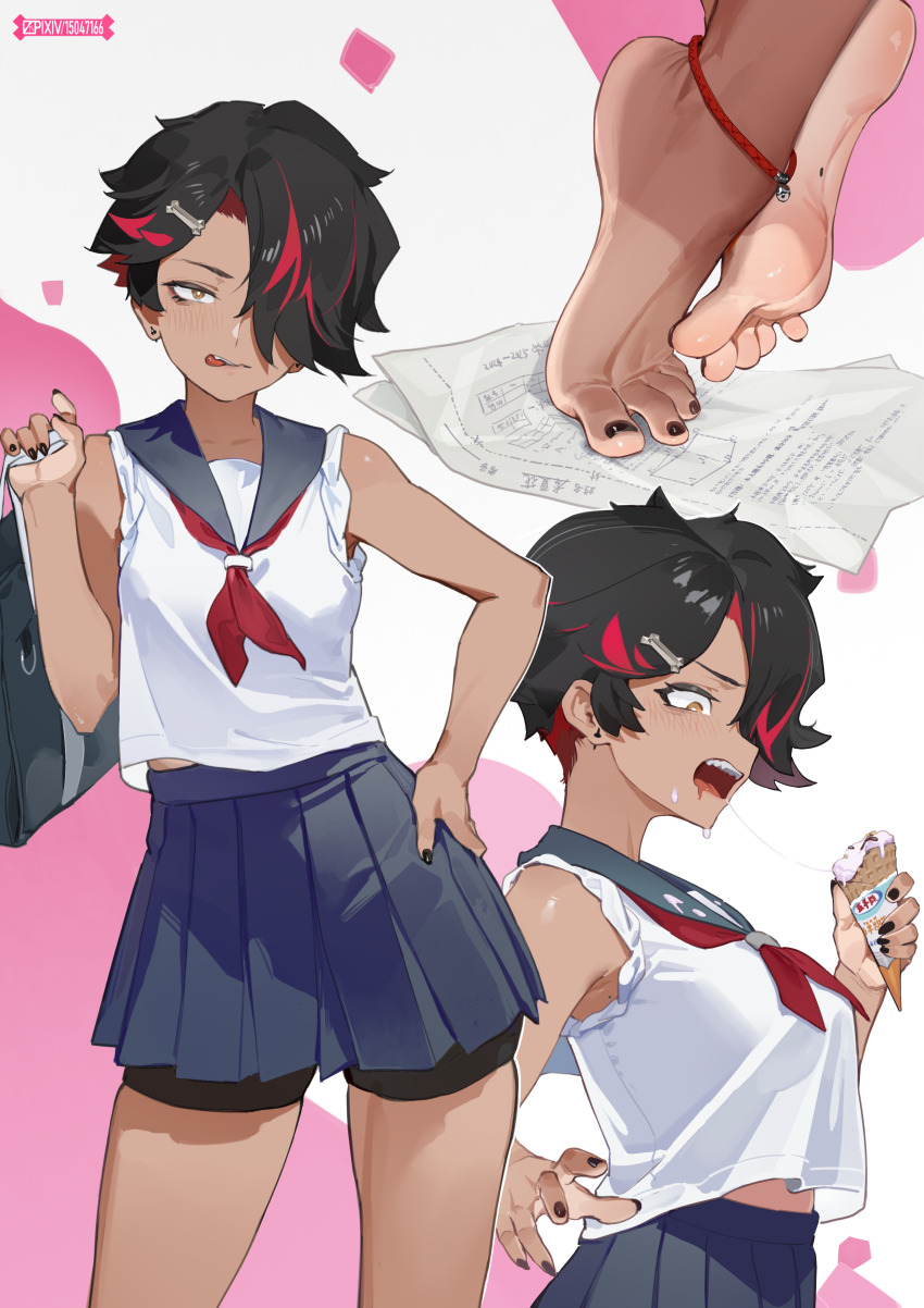 1girl, absurdres, barefoot, black_hair, blush, brown_eyes, dark-skinned_female, dark_skin