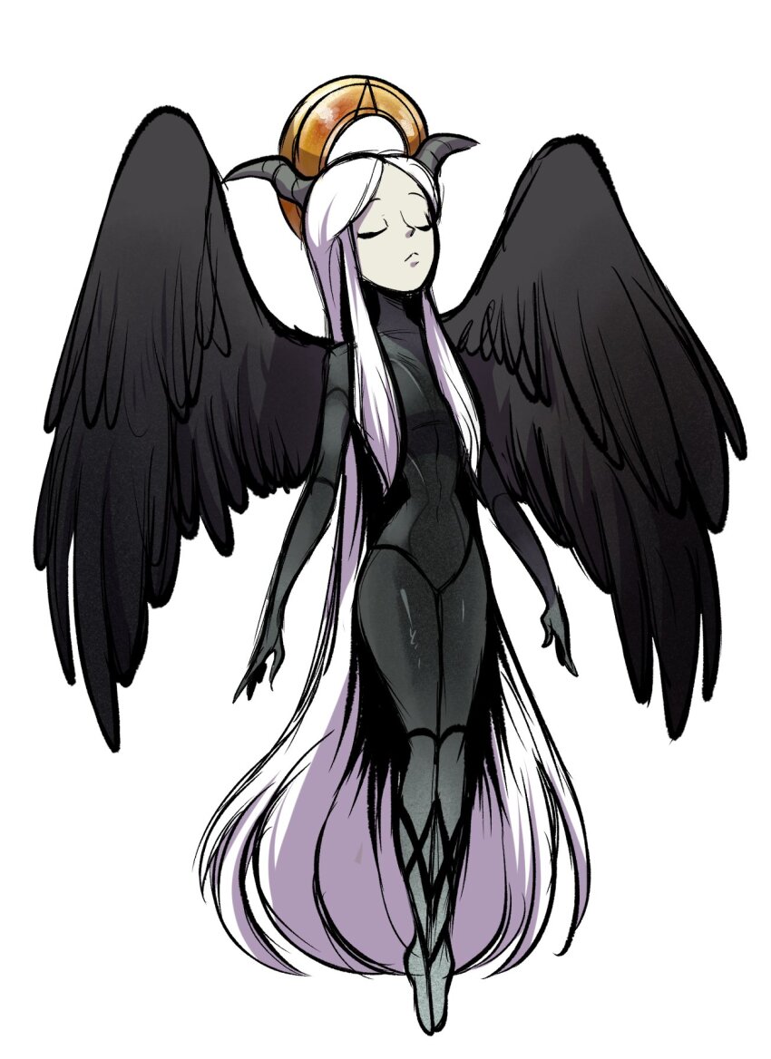 1girl, arms_at_sides, black_bodysuit, black_wings, bodysuit, closed_eyes, closed_mouth, commentary, fear_&amp;_hunger, fear_&amp;_hunger_2:_termina, feathered_wings, floating, full_body, halo, halo_behind_head, highres, horns, karladraws14, lineup, long_hair, simple_background, solo, the_heartless_one_(fear_&amp;_hunger), very_long_hair, white_background, white_hair, wings