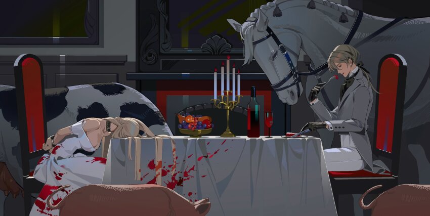 1boy, 1girl, absurdres, apple, black_gloves, blonde_hair, blood, blood_on_clothes