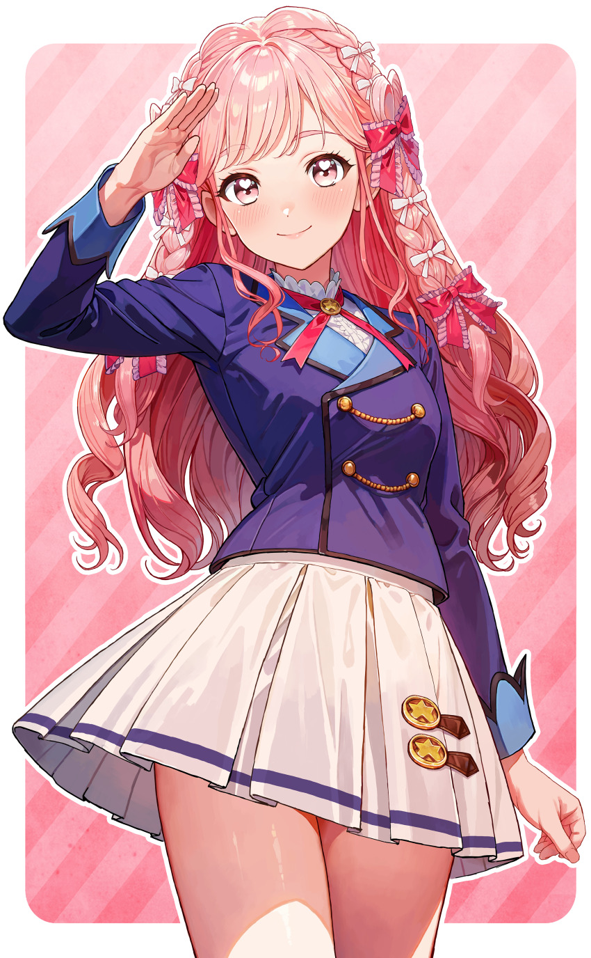 1girl, absurdres, aikatsu!_(series), aikatsu_academy!, blazer, blue_jacket, blush, border, bow, braid, center_frills, closed_mouth, commentary_request, curly_hair, frilled_bow, frilled_shirt, frills, hair_bow, hand_up, heart, heart_in_eye, highres, himeno_mieru, jacket, long_hair, long_sleeves, looking_at_viewer, multiple_hair_bows, neck_ribbon, pink_background, pink_bow, pink_hair, pink_lips, pink_ribbon, pleated_skirt, raiden_(kdsn3783), ribbon, salute, school_uniform, shirt, skirt, smile, solo, star_ornament, starlight_academy_school_uniform, striped_background, symbol_in_eye, thighs, virtual_youtuber, white_background, white_border, white_bow, white_shirt, white_skirt