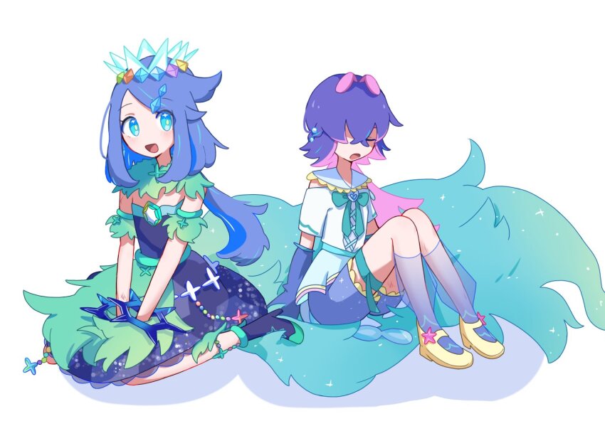 2girls, blue_eyes, blush, boots, bow, closed_mouth, cosplay, crown