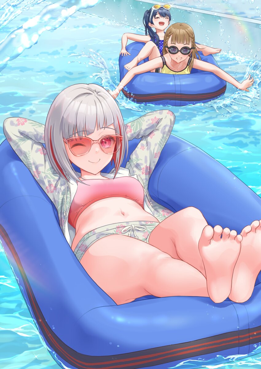 3girls, :d, ;), ^_^, absurdres, alternate_costume, arms_behind_head, arms_up