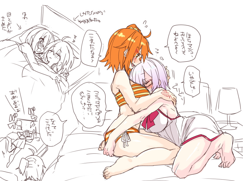 2girls, bare_shoulders, between_breasts, bikini, blush, breasts, closed_eyes, command_spell, dress, face_between_breasts, fate/grand_order, fate_(series), fujimaru_ritsuka_(female), glasses, hair_ornament, hair_scrunchie, hands_on_another's_hips, hands_on_another's_shoulders, haoro, head_between_breasts, highres, hug, lamp, mash_kyrielight, medium_hair, multiple_girls, on_bed, orange_bikini, orange_eyes, orange_hair, orange_panties, orange_tube_top, panties, purple_hair, rectangular_eyewear, red_ribbon, ribbon, scrunchie, short_hair, side_ponytail, sitting, sketch_background, strapless, striped_bikini, striped_clothes, striped_panties, striped_tube_top, swimsuit, tube_top, underwear, wariza, white_dress, white_hair, yellow_scrunchie, yuri