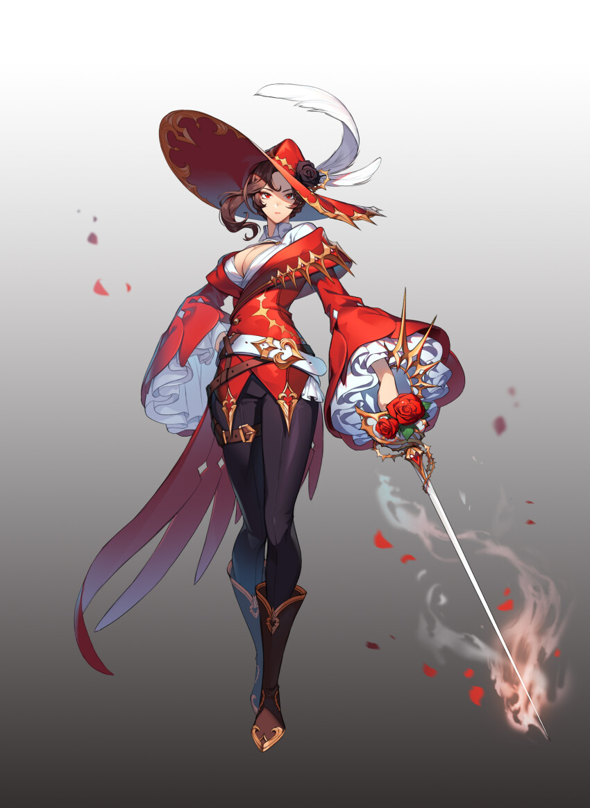 1girl, absurdres, asymmetrical_cape, asymmetrical_sidelocks, belt, black_boots, black_flower, black_leggings, black_rose, boots, breasts, brown_belt, brown_hair, buttons, cape, cavalier_hat, cleavage, closed_mouth, collared_shirt, crossed_belts, crossed_legs, dress_shirt, falling_petals, fire, flaming_weapon, flower, frilled_sleeves, frills, full_body, gold_trim, gradient_background, grey_background, hand_on_own_hip, hat, hat_feather, hat_flower, high_collar, highres, holding, holding_sword, holding_weapon, ichiri, jacket, large_breasts, leggings, long_sleeves, looking_ahead, multiple_belts, off-shoulder_jacket, off_shoulder, original, oversized_hat, petals, pleated_sleeves, rapier, red_eyes, red_flower, red_hat, red_jacket, red_petals, red_rose, rose, serious, shirt, short_hair_with_long_locks, side_part, sidelocks, single_sidelock, solo, standing, sword, thigh_belt, thigh_strap, tsurime, watson_cross, weapon, white_belt, white_shirt, wide_sleeves, wind
