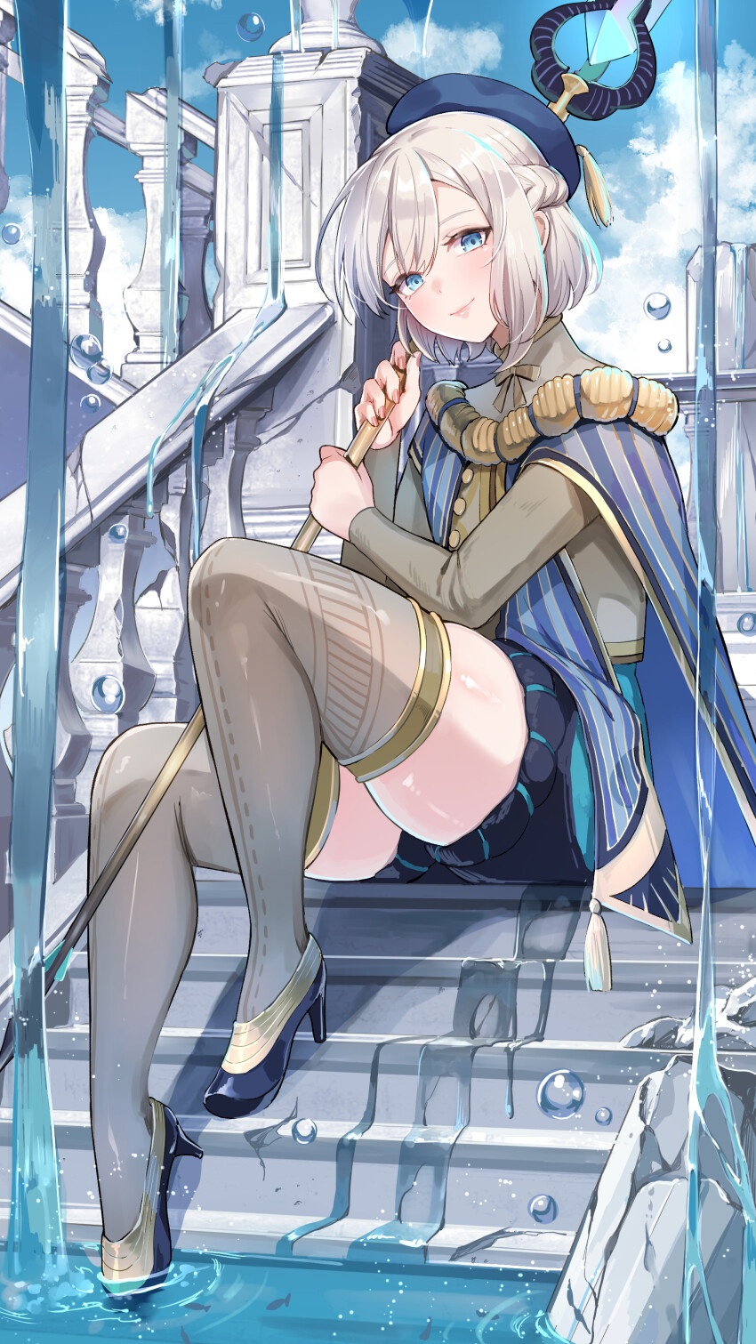 1girl, absurdres, afk_(series), afk_journey, blue_eyes, blue_hat, blush, braid, cape, cassadee_(afk), full_body, grey_hair, grey_shirt, grey_thighhighs, hat, high_heels, highres, holding, holding_staff, long_sleeves, looking_at_viewer, mage_staff, marumai, outdoors, shirt, short_shorts, shorts, sitting, sitting_on_stairs, smile, solo, staff, stairs, stone_stairs, thighhighs, water