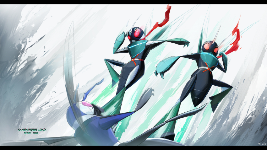 colored_skin, flying_kick, fusion, green_skin, highres, jcstr, kamen_rider, kamen_rider_(1st_series)