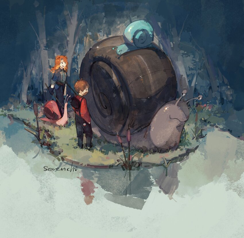 1boy, 1girl, animal, beard, brown_hair, commentary, double_bun, facial_hair